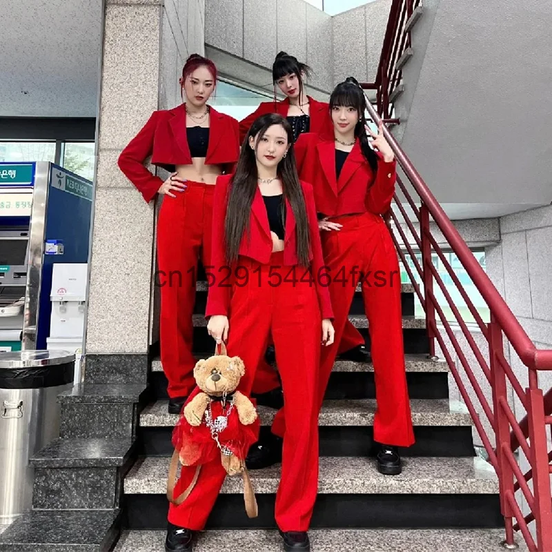 

Korean Girl Group's Same Style Rose Singing Costume, Red Jazz Dance Table Performance Costume, Kpop Stage Suit Set