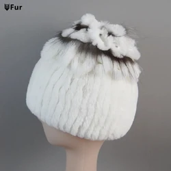 Fur Hats for Women Winter Real Rex Rabbit Hat Fox Fur Knit Female Warm Snow Caps Ladies Beanies Luxury Women Winter Bomber Hat