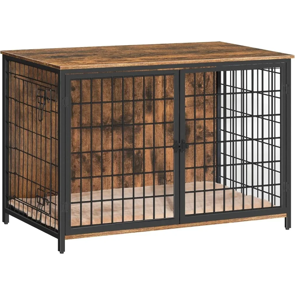

Dog Crate Furniture with Cushion, Wooden Dog Kennel with Double Doors, Heavy Duty Dog Cage for Small/Medium/Large Dogs