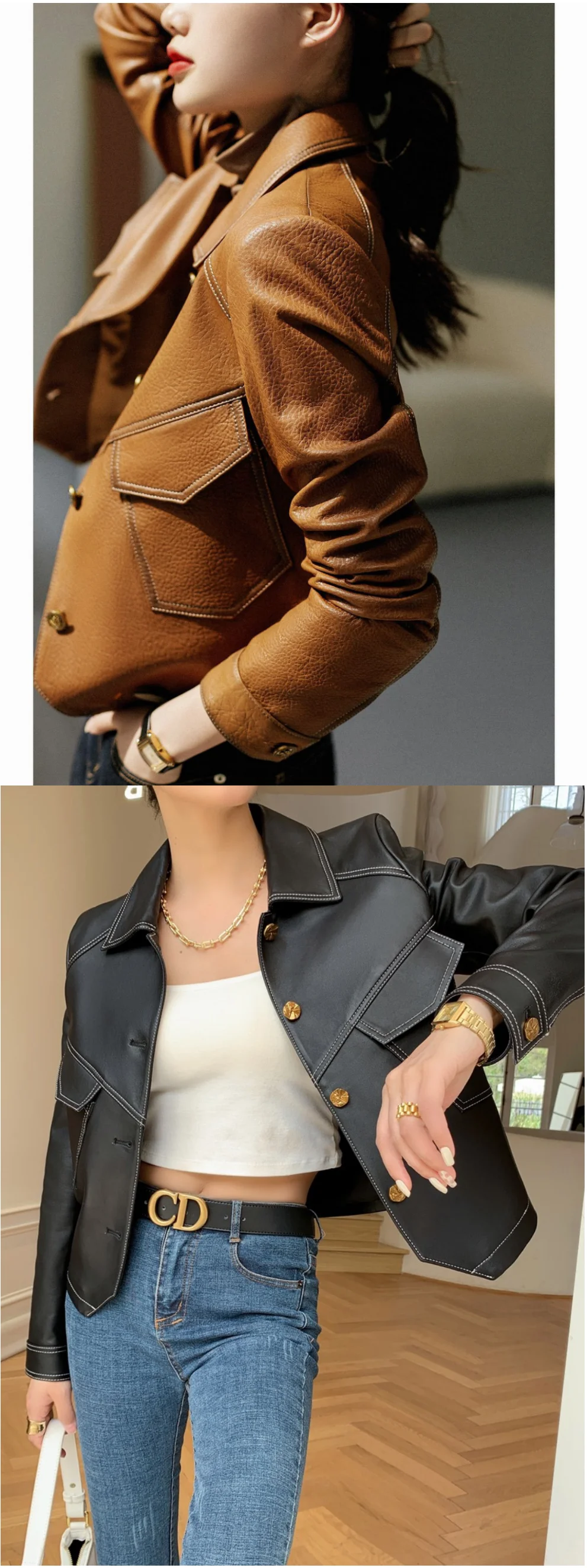 Frühling Herbst Mode Damen Kurz mantel Revers Langarm Motorrad Street Pu Lederjacke – Detail 2