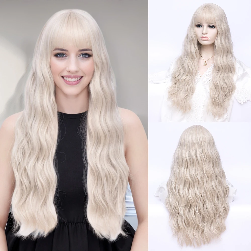

Synthetic Long Blonde Wig Water Wave Realistic Wig with Bangs for Women Daily Cospaly Lolita Party Fake Hair Heat Resistant
