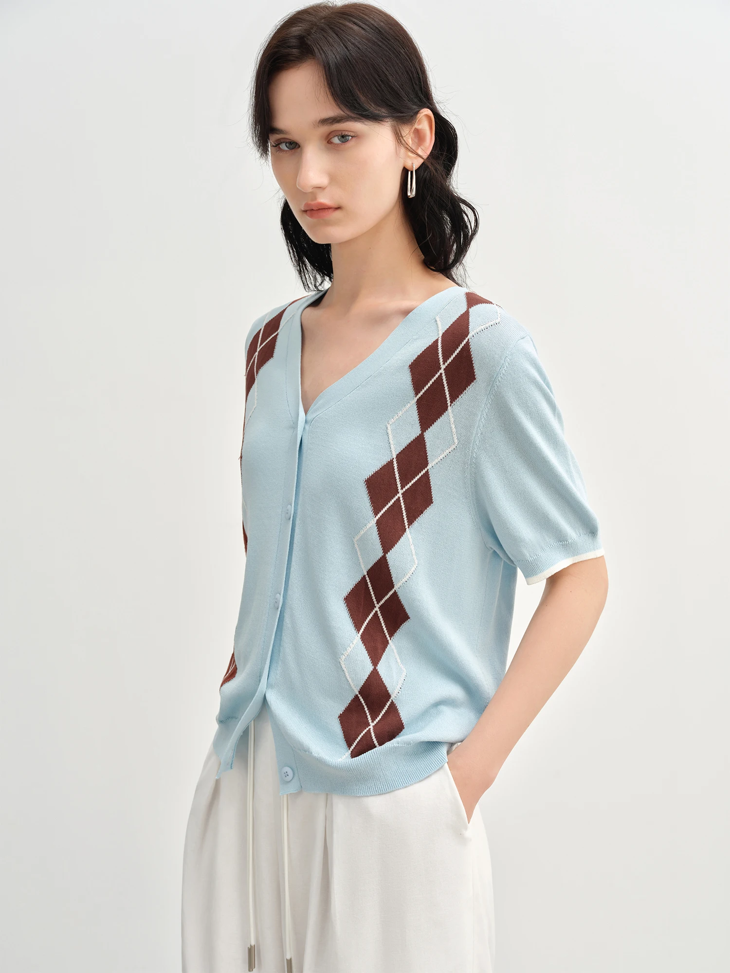 سترة DUSHU 2025 النسائية الصيفية المحبوكة بالألماس - أكمام قصيرة مريحة مستوحاة من الألوان من Preppy