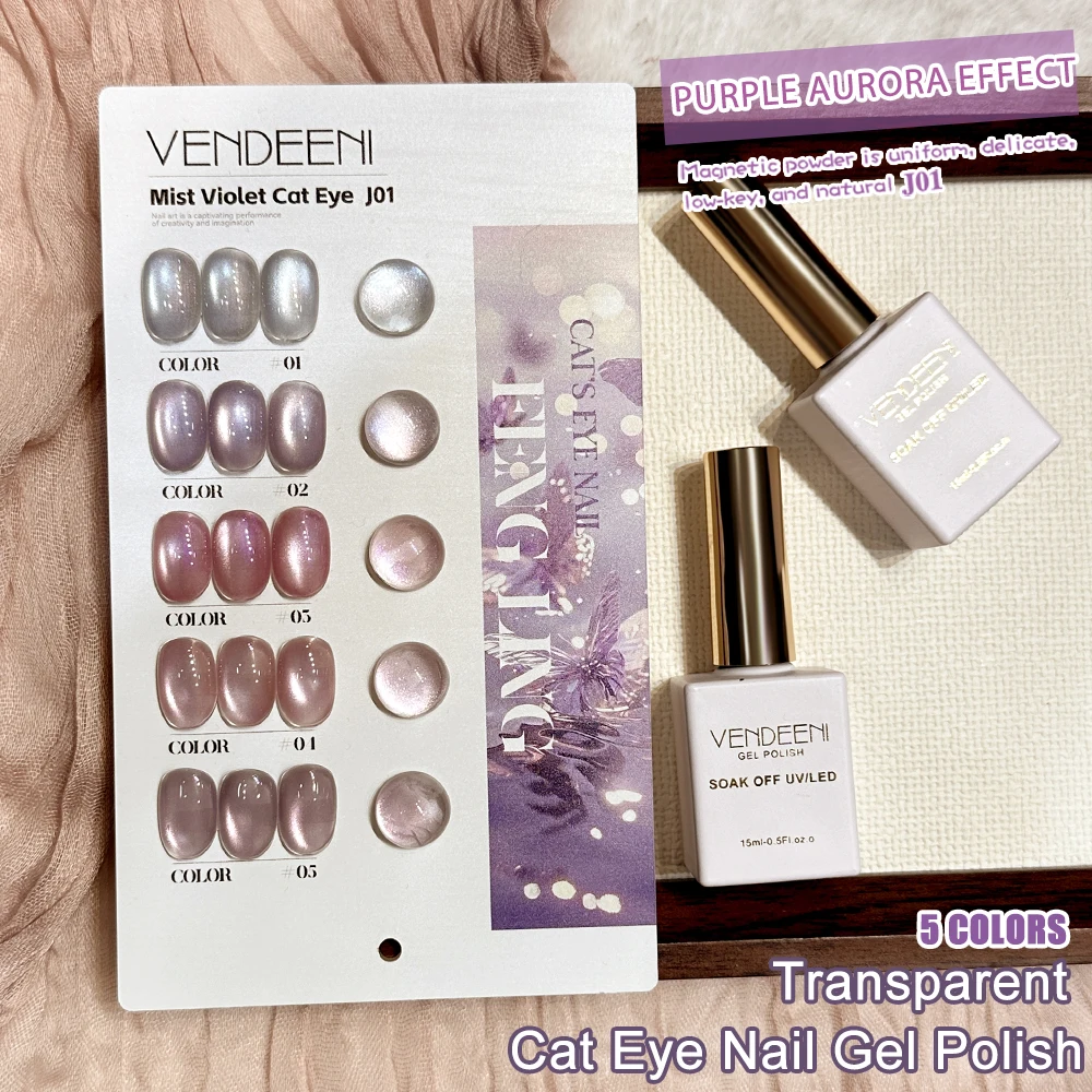Vendeeni 5 Farben/Set Lila Katzenaugen-Gel-Nagellack Magnetischer UV-LED-Gel-Lack Aurora-Effekt Katzenaugen-Gel-Lack mit Display – Detail 5