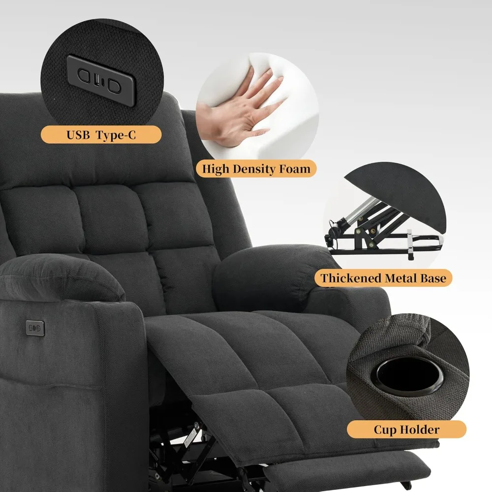 Poltronas reclináveis para idosos com aquecimento e massagem, cadeiras reclináveis para adultos, poltrona reclinável de tecido atualizada com USB