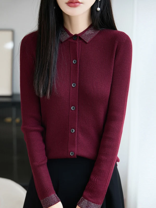 Exquisite Wool  Neck Knitted Cardigan Slim Fit Women's Sweater Outerwear Base Shirt Top Spring Fashion Diamond Heat Treat...