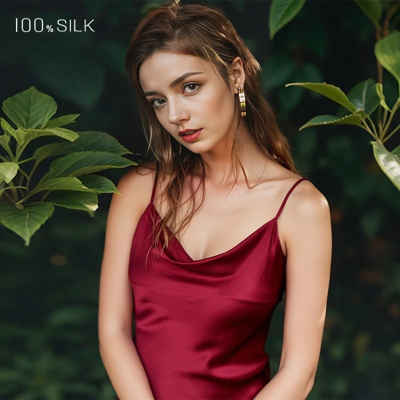 Women's Summer Sexy 100% Mulberry Silk Camisole Nightgown Swinging Collar 19mm Heavy Silk Slit Perfect Outdoor Wear XL Size Cozy