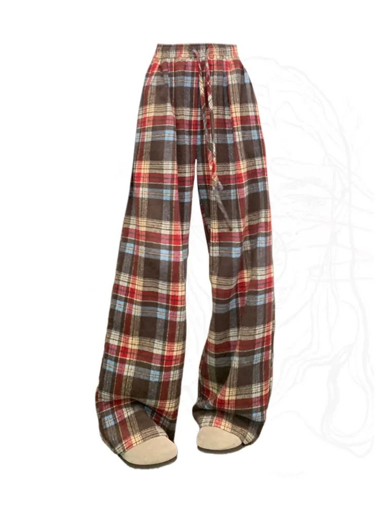 

Classical Plaid Wide Leg Pants Fashion Hiphop Lace Up Elastic Waist Full Length Trousers Casual Retro Trend Y2K Japanese Fashion