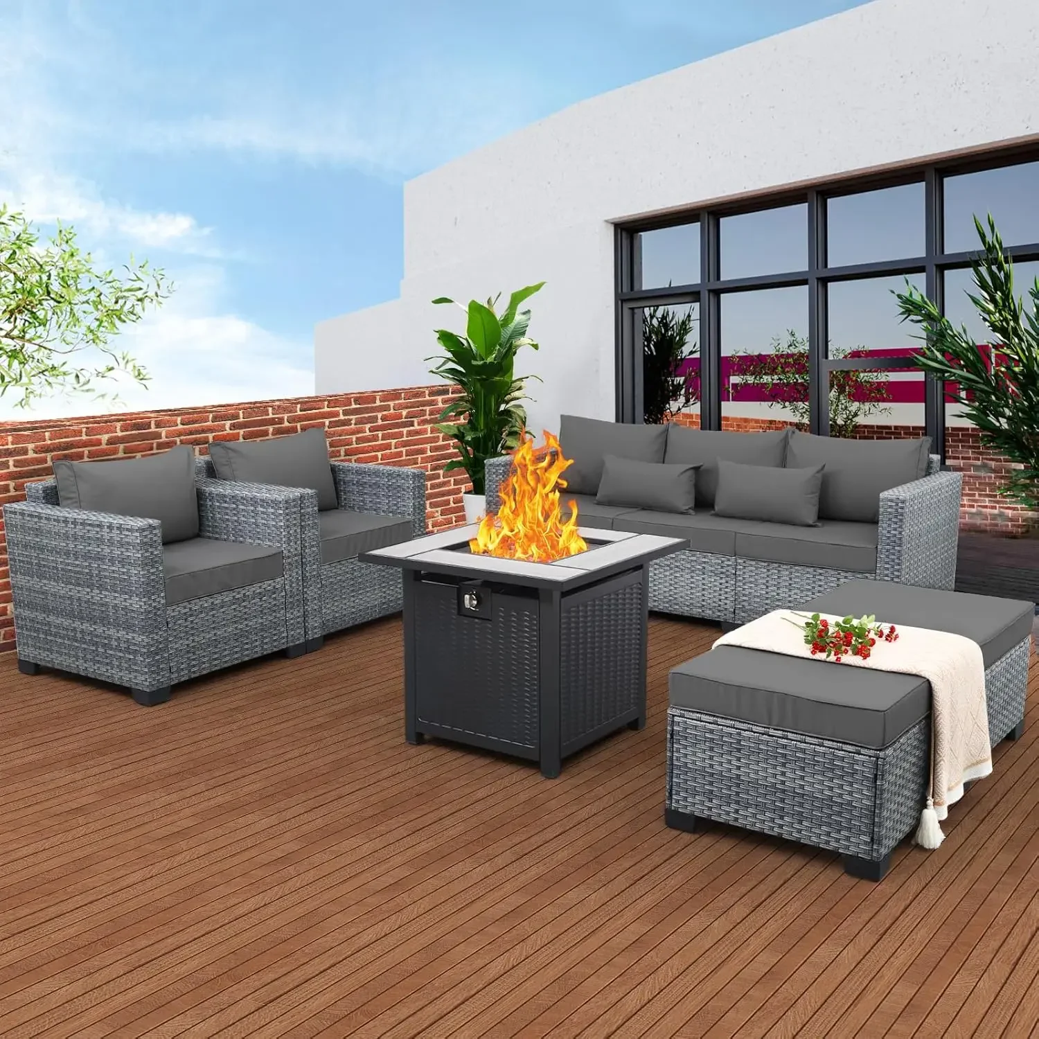 6 Pieces Wicker Patio Furniture Sets Outdoor Conversation Set PE Rattan Sectional Sofa Couch with 30