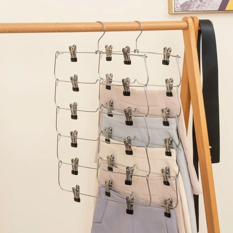 4/6-Tier Skirt Pants Shorts Hangers with Adjustable Clips Space Saving No Slip 12 Clips Clothing Storage Metal Skirt Rack