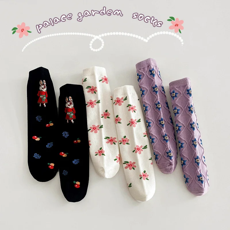 

3-8Y Girls Socks Fancy Lace Spring Flower Socks 3 Pairs Kids Soft Calf Cotton Socks