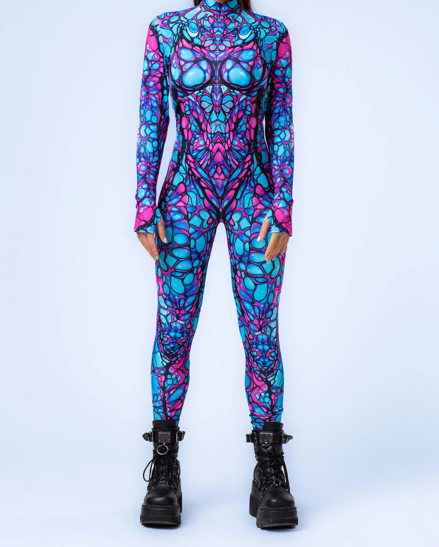 Bunt bedruckter Damen-Jumpsuit für Urlaub und Party, Punk-Zentai, Rave-Outfit, Yoga-Catsuit, Fahrrad- und Halloween-Anzug – Detail 15