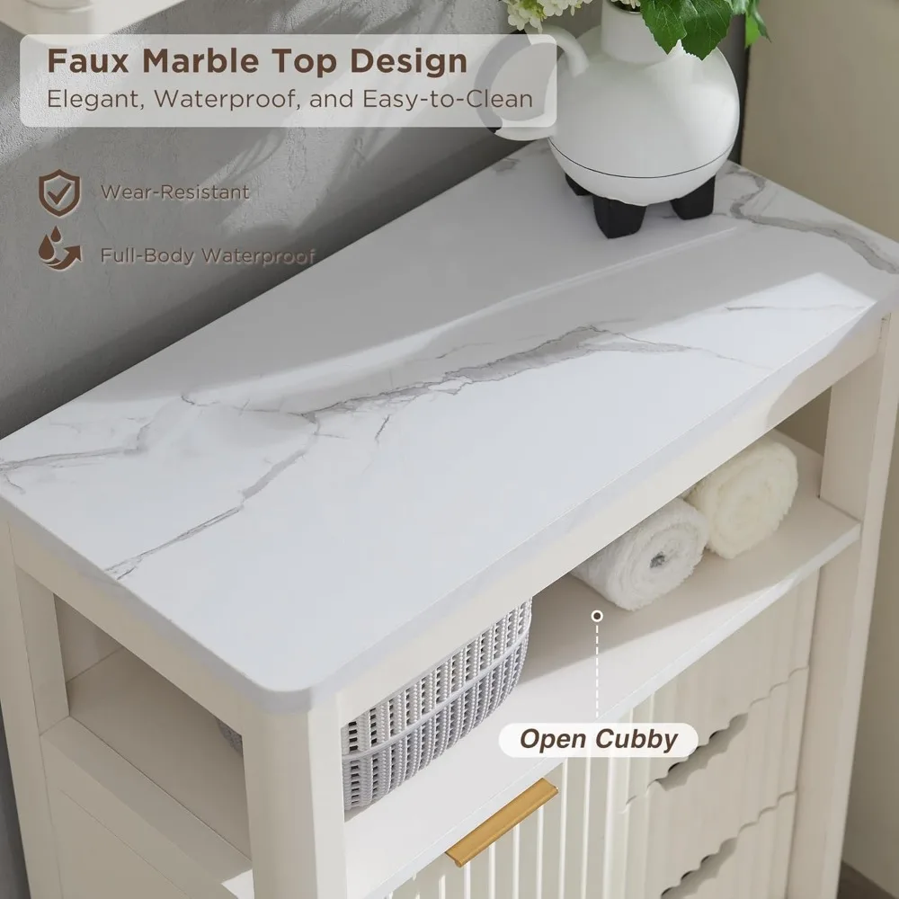 Mueble de suelo para baño con puerta corredera, moderno organizador de almacenamiento estriado con 3 cajones con estante ajustable y tapa de mármol sintético, Cur