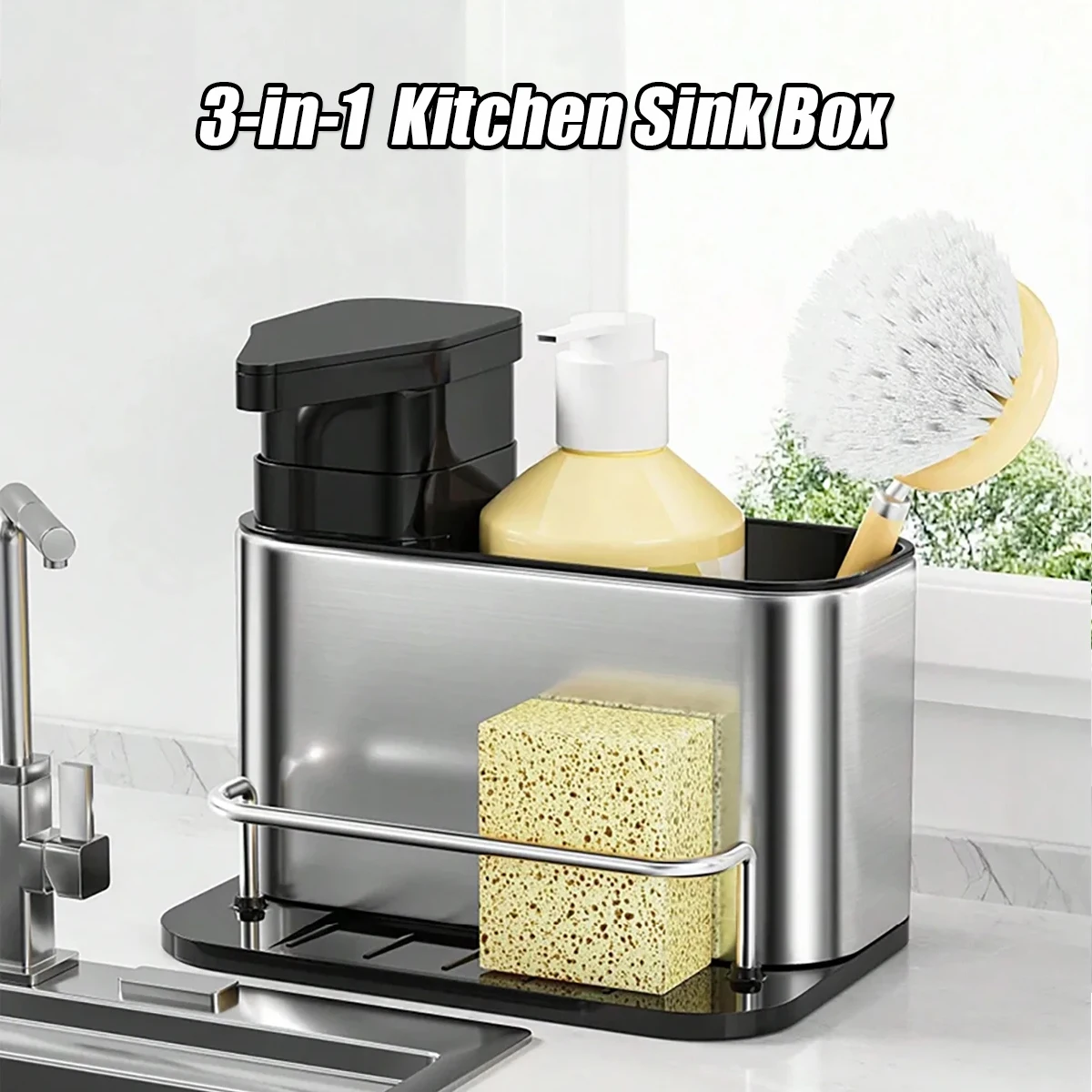 

3-in-1 Stainless Steel Kitchen Soap Dispenser Sponge Holder Cutlery Organizer Storage Sink Tray Rustproof Drainer Rack