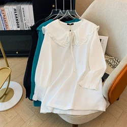 Autumn new plus size women's long-sleeved chiffon shirt solid color simple loose comfortable commuter doll collar lace-up top