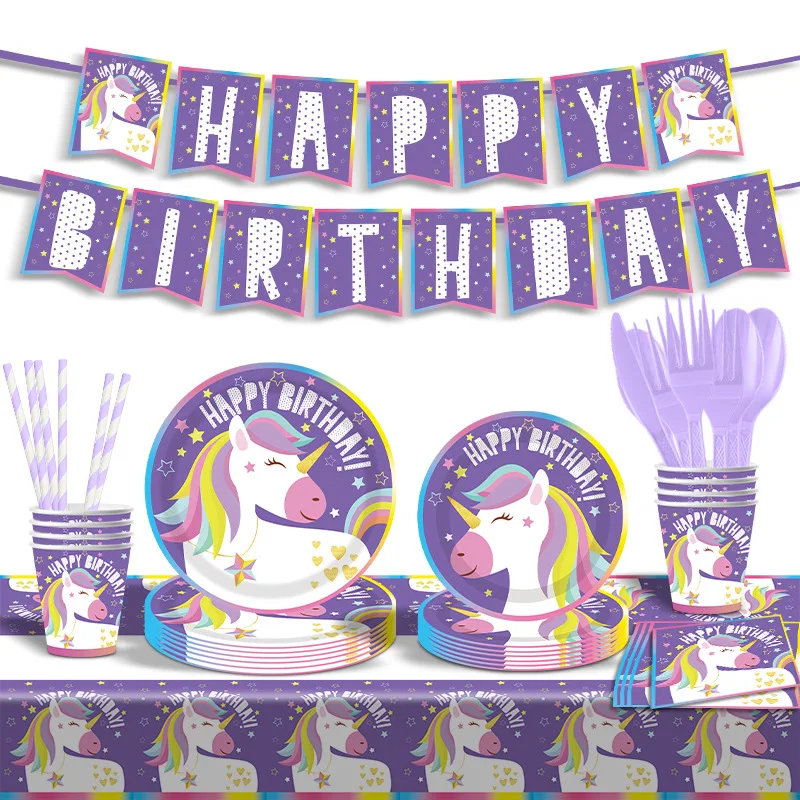 

Unicorn Theme Party Disposable Paper Tray Paper Cup Tableware Suit Children Cartoon Birthday Party Supplies Venue Layout Props