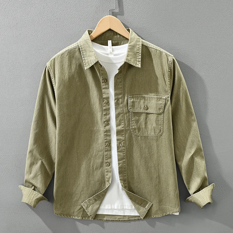 

American Retro Waed Pure Cotton Workwear irt Men's Loose Casual irt Jaet Autumn Season Casual Sle Long Sve Button