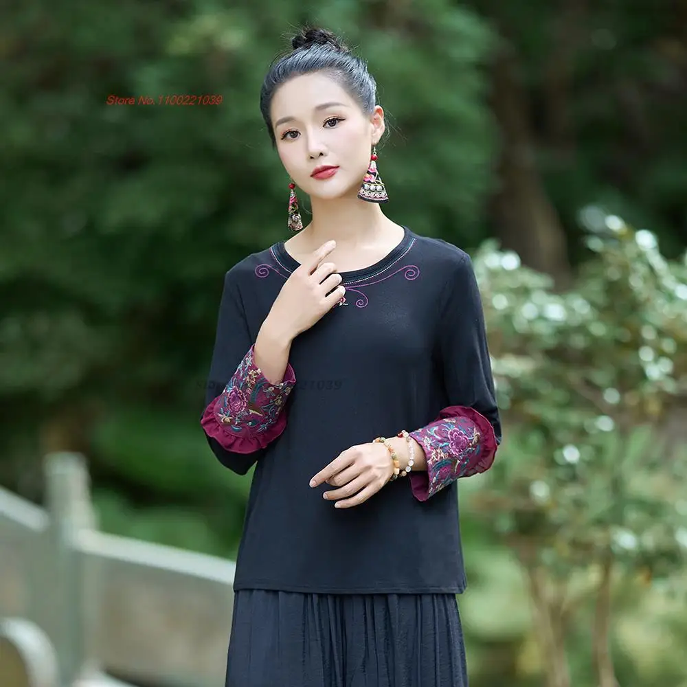 2024 chinese traditional t-shirt national flower embroidery o-neck shirt vintage hanfu tops oriental folk shirt retro base shirt