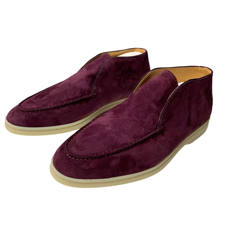 Botines de ante color burdeos y morado para mujer, de caña corta, estilo mocasín, con punta redonda, suaves, casuales, planos, para uso diario, modelo BH1520.