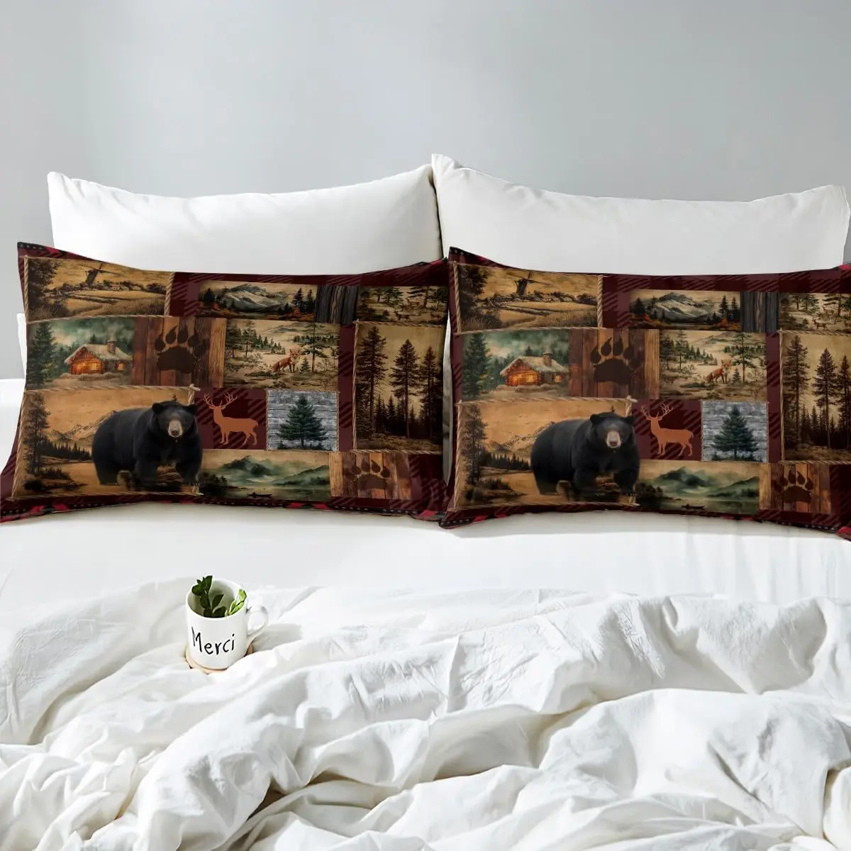 Rustic Black Bear Duvet Cover Set Double Size Retro Patchwork Bedding Set With 2 Pillowcases Cabin Hunting Decor