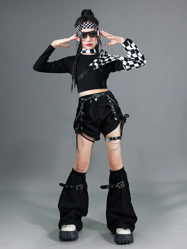 Hip Hop Mädchen Crop Top Plaid Röcke Kind Streetwear Goth Kleidung Sets Street Dance T-shirt Shorts Kinder Jazz Mädchen Gruppe Kostüme – Detail 15