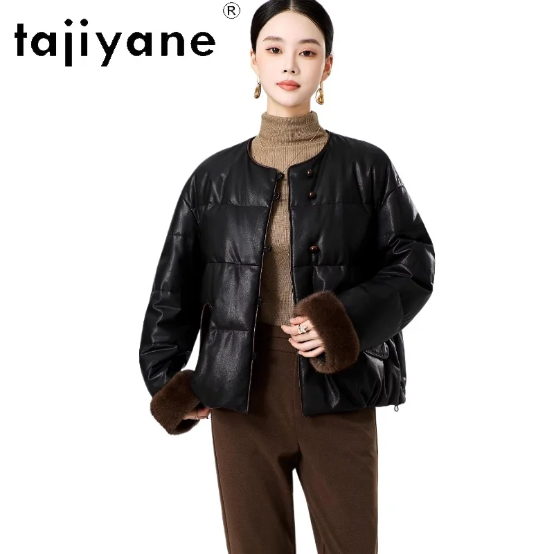 TAJIYANE 100% جلد الغنم بطة أسفل معطف امرأة فرو المنك الكفة ملابس خارجية أنيقة قصيرة سترة جلدية حقيقية الملابس الشتوية 2025 가dech자켓 #1