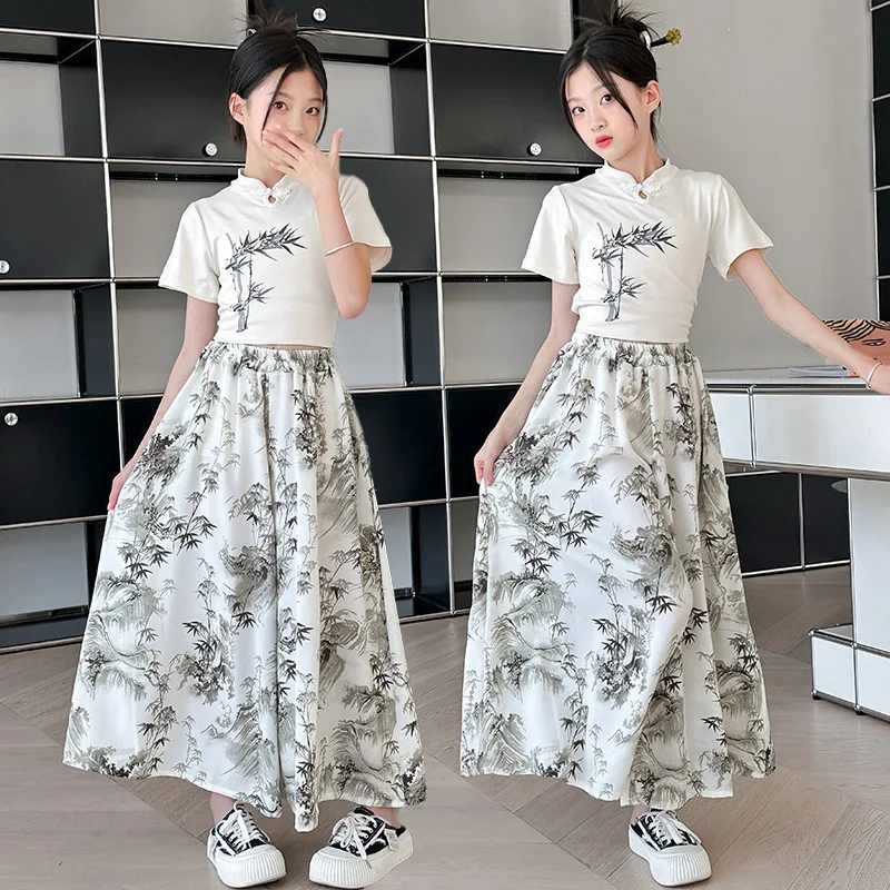 

Girls' Summer National Trend Outfit, Lightweight Casual Short-Sleeve National Style Loose Pants and Skirt, Stylish Two-Piece Set