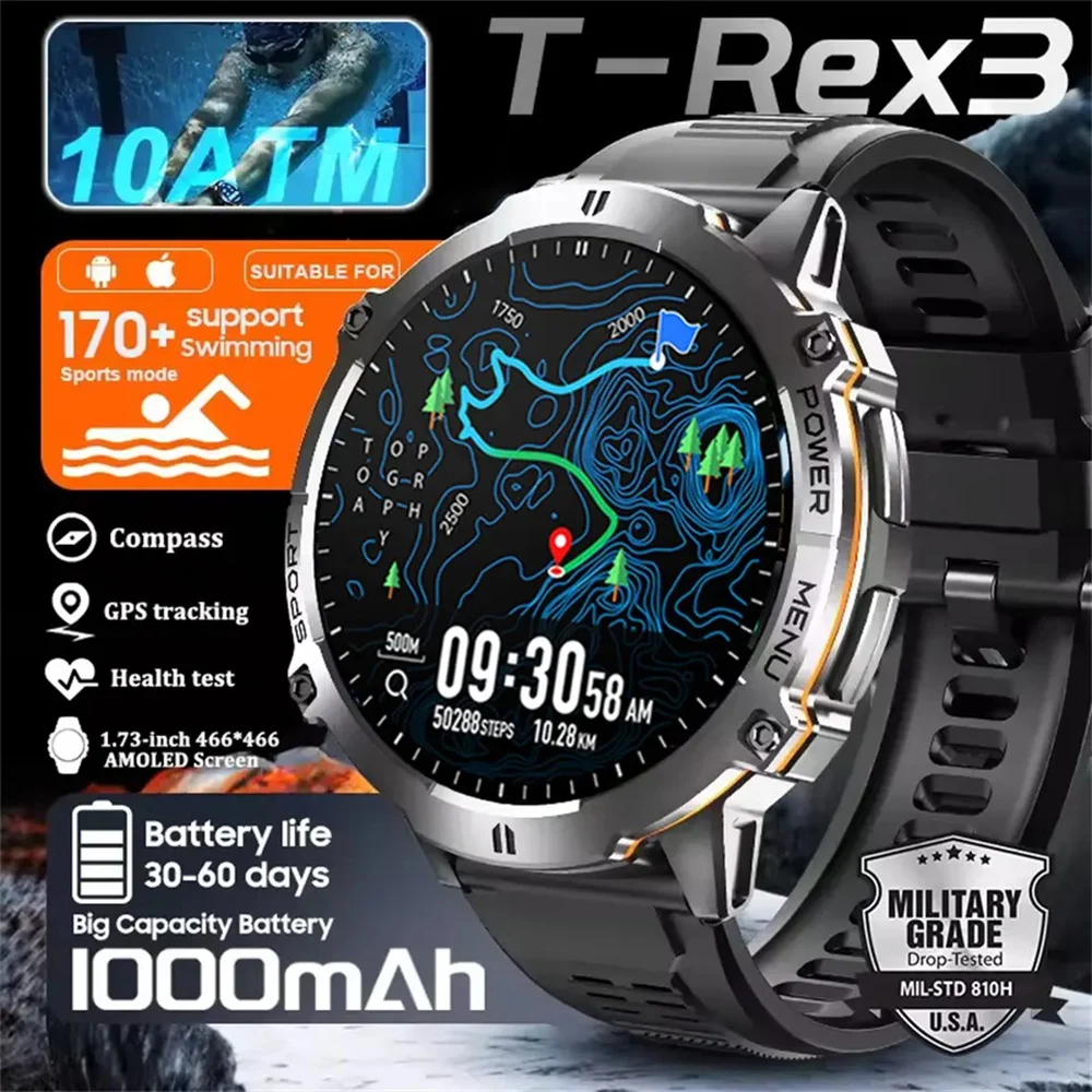 

Mens Military T REX 3 Smartwatch 1.73" AMOLED Compass BT Call 1ATM Waterproof Wrist Sport Smart Watches for Man IOS Android 2026