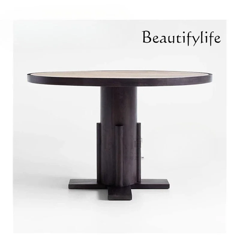 

Nordic solid wood retro dining table creative natural beige travertine large round table household round dining table