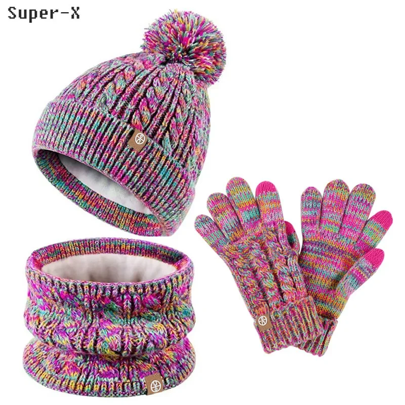 3pcs Children Winter Hat Sets Beanies Snood Gloves Kids Gilr Boy Winter Cap Thick Plush Lining Cute Pompom