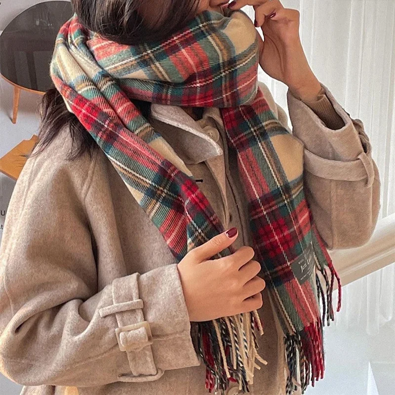 INS Autumn And Winter Korean Plaid Thick Warm Scarf Student's New Style Imitates Cashmere Plaid Atmosphere Flowing Su Da Shawl