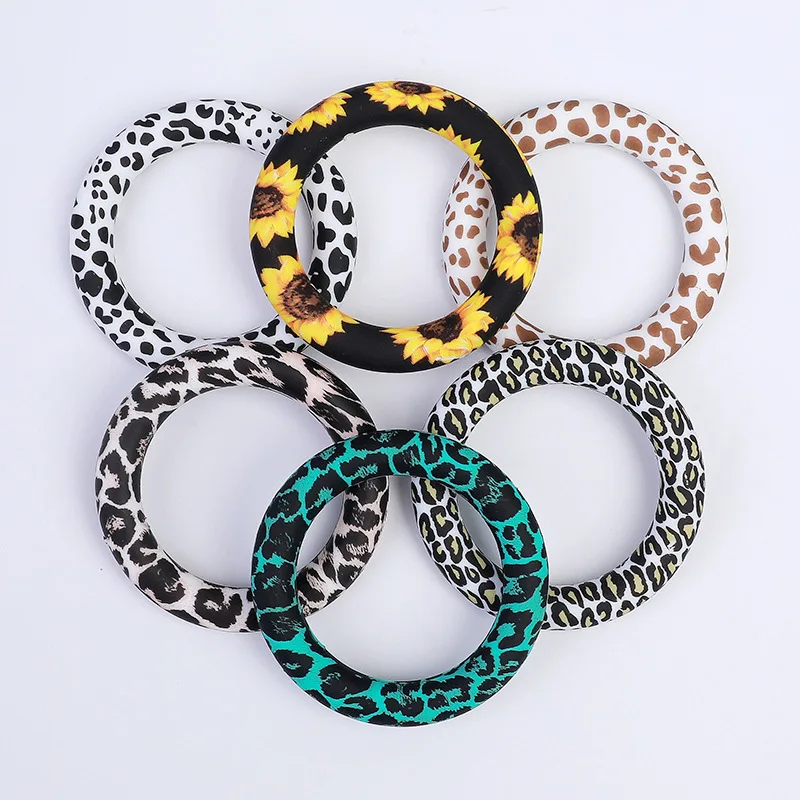 10pcs Baby Silicone Teether Ring 65mm Print Baby Food Grade Nursing Toys DIY Pacifier Chain Necklace Jewelry Gift Accessorios