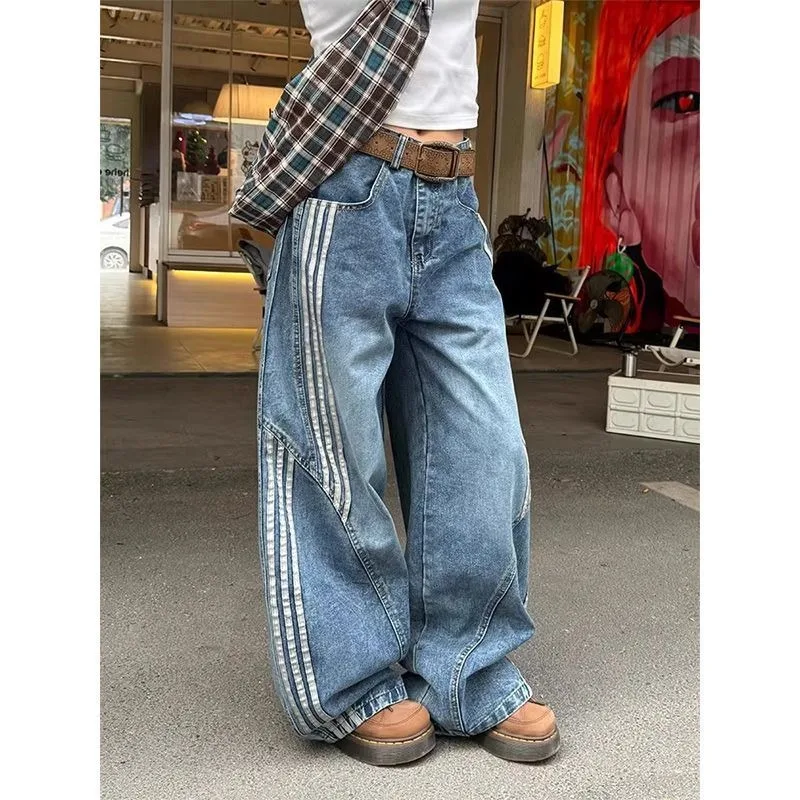 

American High Street Vertical Women's Striped Jeans Micro Flared High Waist Loose Fit Slimming and Versatile Wide Leg Pants