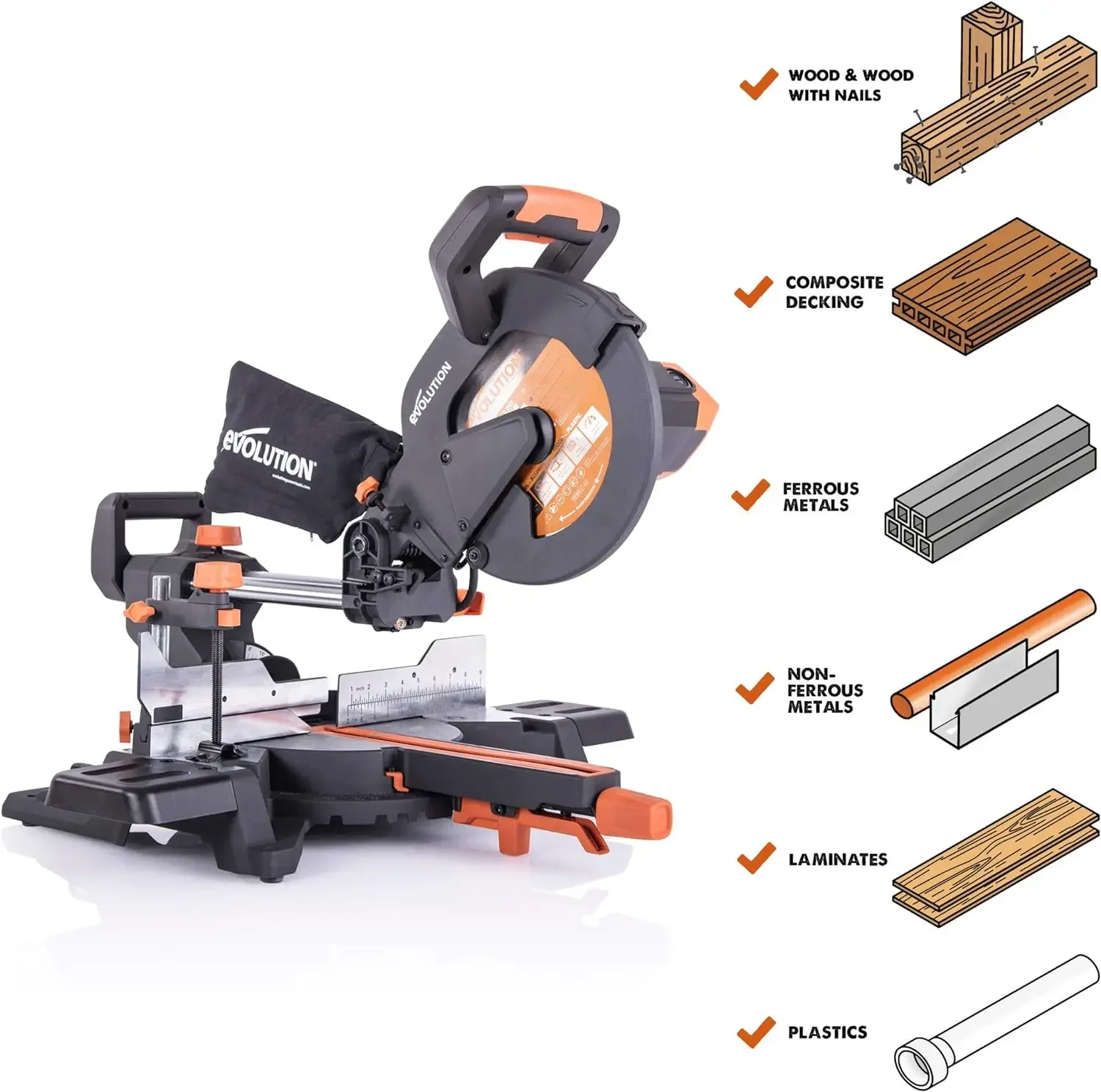 Evolution Power Tools R255SMS+ PLUS 10-Inch Sliding Miter Saw Plus Multi-Material Multi-Purpose Cutting Cuts Metal, Plastic, Woo