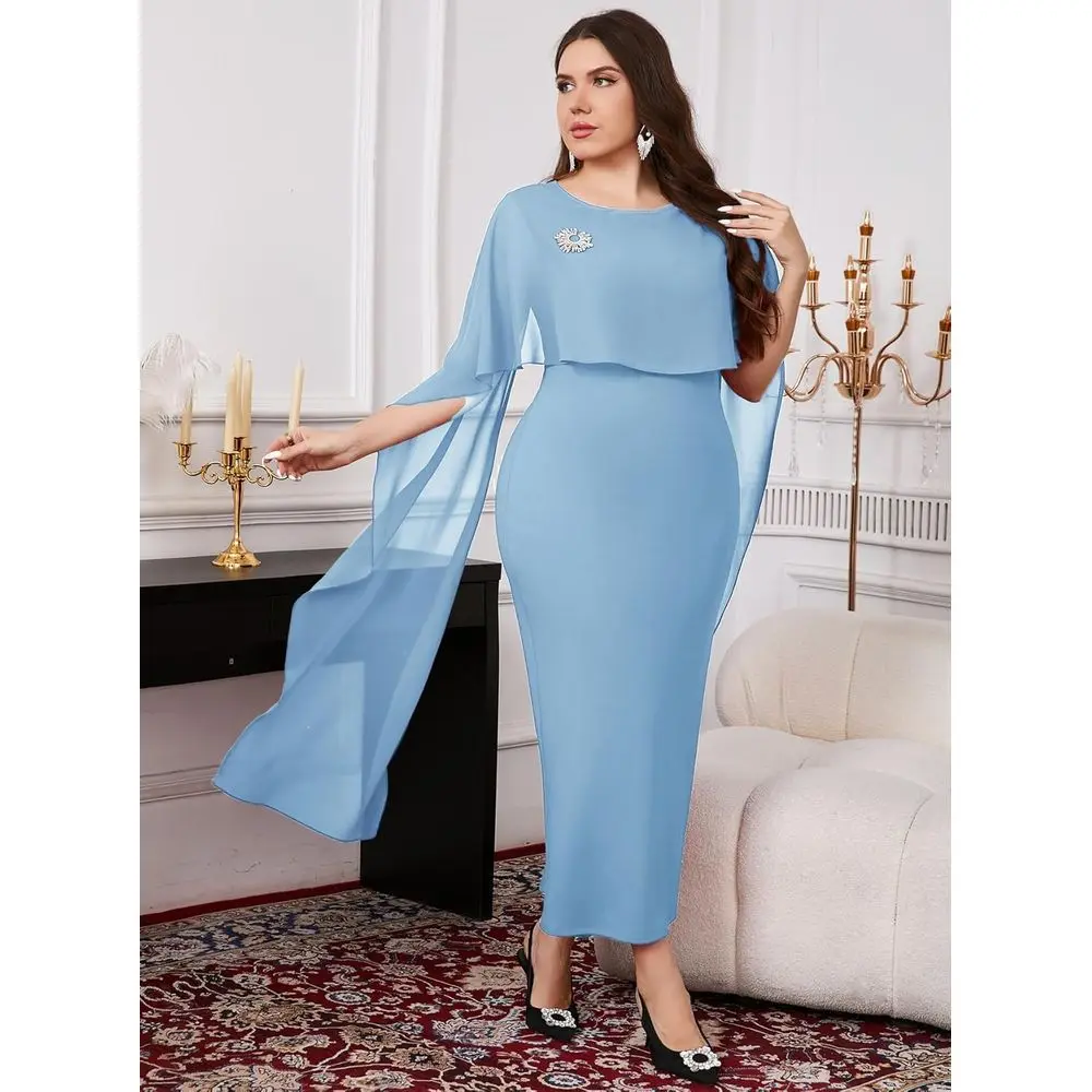 Vestido maxi elegante com capa de chiffon para casamentos plus size e eventos de coquetéis
