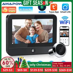 Awapow Smart Tuya Spioncino Videocitofono Campanello WiFi da 4,3 pollici Mini telecamera Visione notturna Rilevazione movimento Visualizzatore porta per la sicurezza domestica