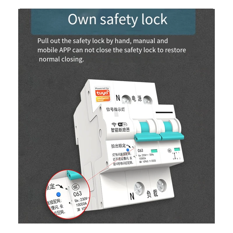 TUYA MCB WIFI Metering Circuit Breaker Smart Life Timer Remote Control Short Circuit Protection Timed Circuit Breaker 63A 2P
