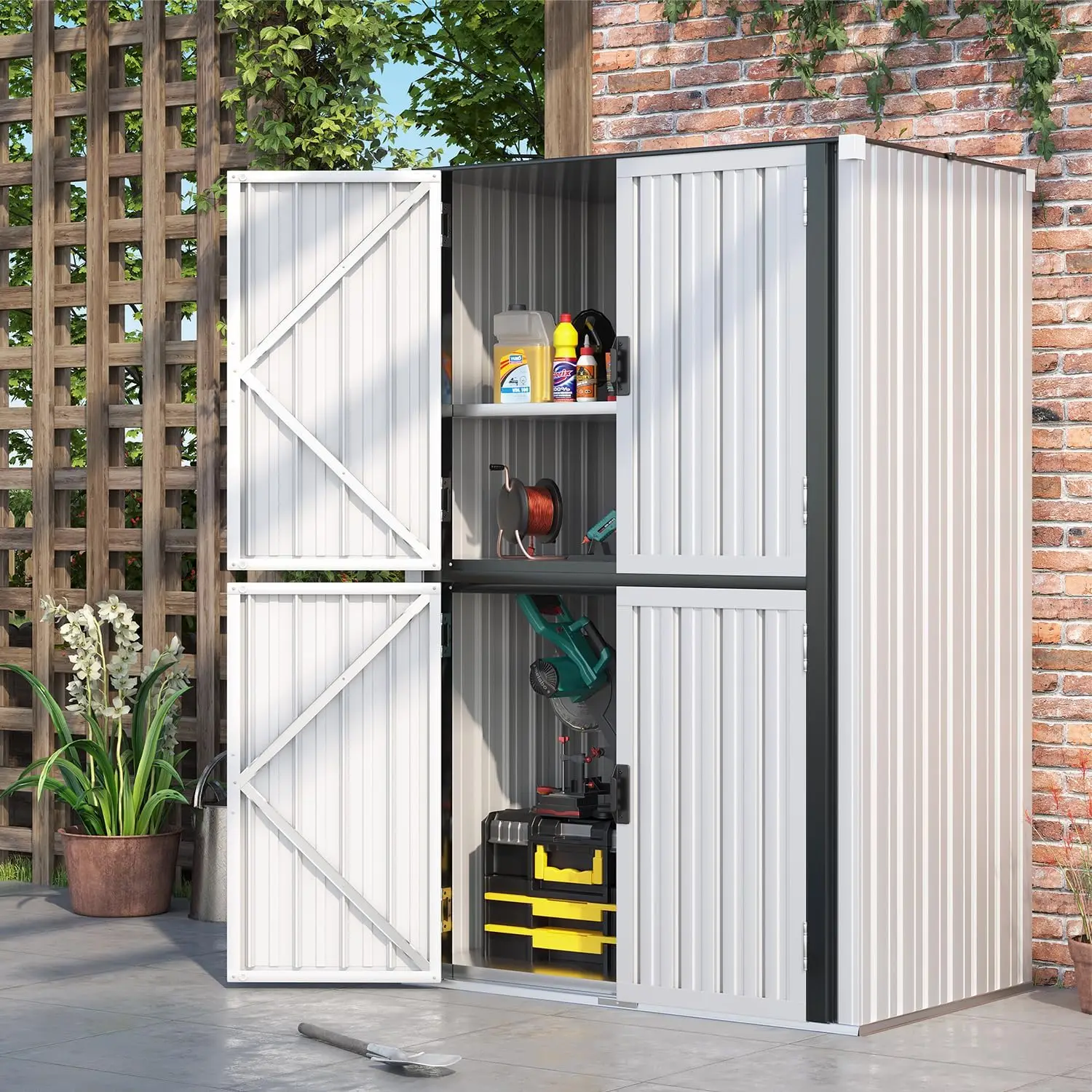 

Outdoor Storage Cabinet Waterproof with Shelves Storage Shed, Lockable Metal Large Vertical Storage Shed Tall for Patio in White