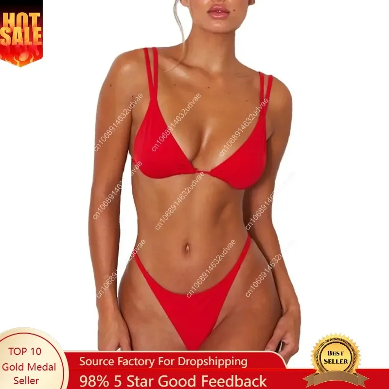 Women's Sexy Thong Bottom Two Piece Bikini Double Shoulder Straps Cute Swimsuit Triangle Bathing Suit