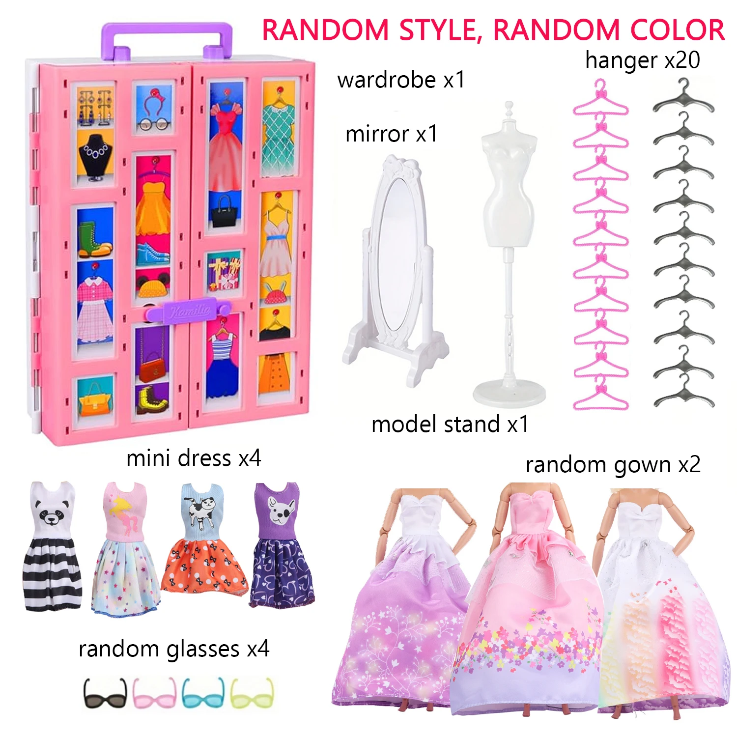 ชุดตู้เสื้อผ้าเจ้าหญิงแฟชั่น 33 ชิ้น สไตล์หวานฝัน สีชมพู พร้อมเสื้อผ้าและเครื่องประดับ ชุดของเล่นแต่งตัวตุ๊กตา พร้อมที่เก็บของอย่างดี เป็นของขวัญ