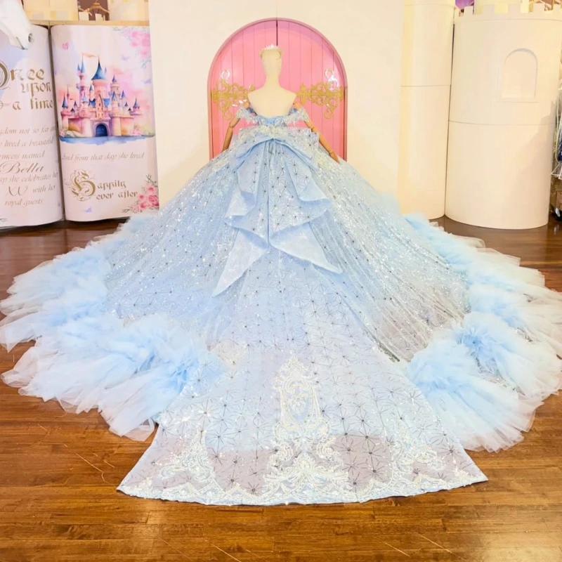 Light Blue Glitter Quinceanera Dresses Off Shoulder Ball Gown Sweet 16 Dress Sequin Applique Lace Beads Bow Tiered Tull Party