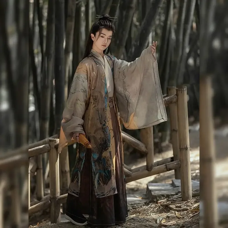 طقم تصميم Hanfu Wei Jin للرجال ، هانفو صيني تقليدي ، أكمام كبيرة ، توب مطبوع بياقة ، تنورة خصر كامل ، الربيع والصيف
