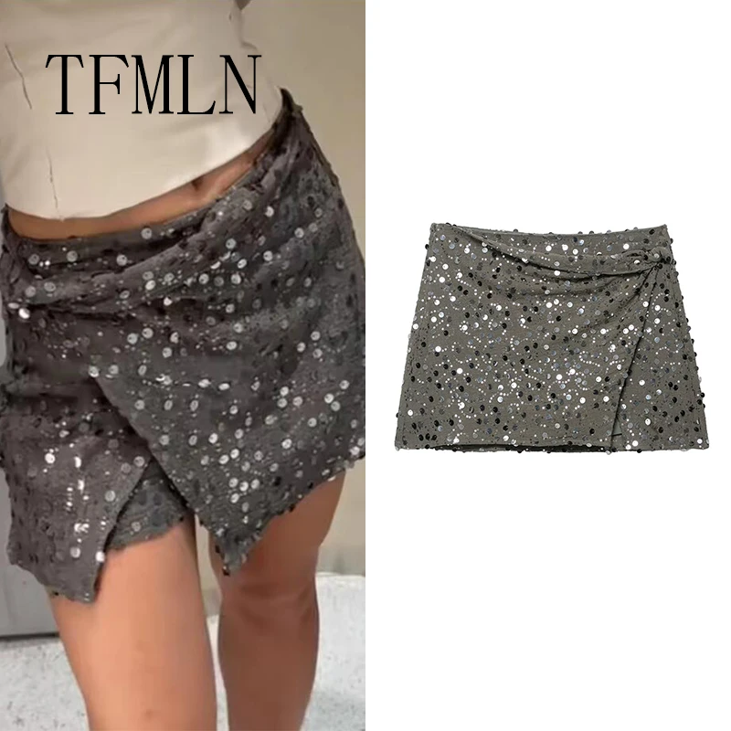 

TFMLN New Women Sequined Mini Skirt Female High Waist Irregular Zipper A-line Skirts Chic Glitter Sexy Club Party Woman Clothing