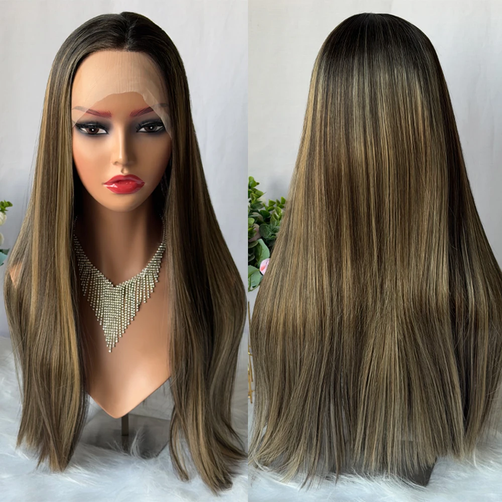 วิกผมตรงยาวแบบไฮไลท์ 20 นิ้ว ใยสังเคราะห์ทนความร้อน สีน้ำตาลเข้ม ไม่ต้องใช้กาว ดูเป็นธรรมชาติสำหรับผู้หญิง