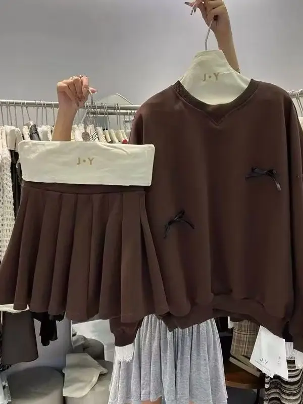 

plus Size 300 Pou Women's Sweatirt Skirt Set round Ne 3D Knot College Sle ort A-Line Skirt Spring Outfit