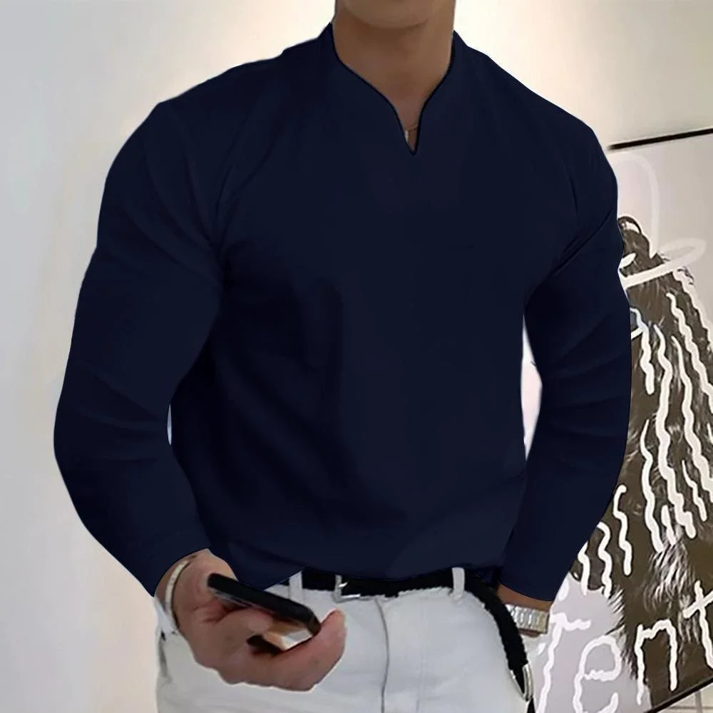 Men Stand Split Notch Collar Long Sleeve Slim Fit Dress Shirt Daily Commuter Casual Versatile Basic Pullover Top