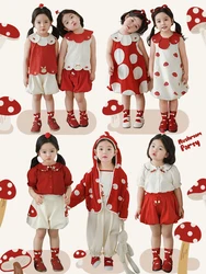 Girls' Polka Dot Summer Beautiful Cute Hooded Jacket Contrasting Lapels Multi-piece Trendy Set