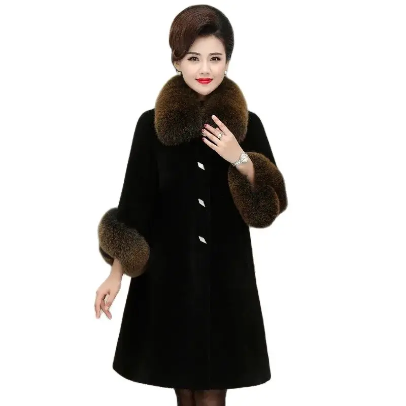 New Haining Sheep Shearling Coat Women's Mid-length Fox Fur Collar Slim Mother's Bress Middle-aged And Elderly Wool Fur CoatLady