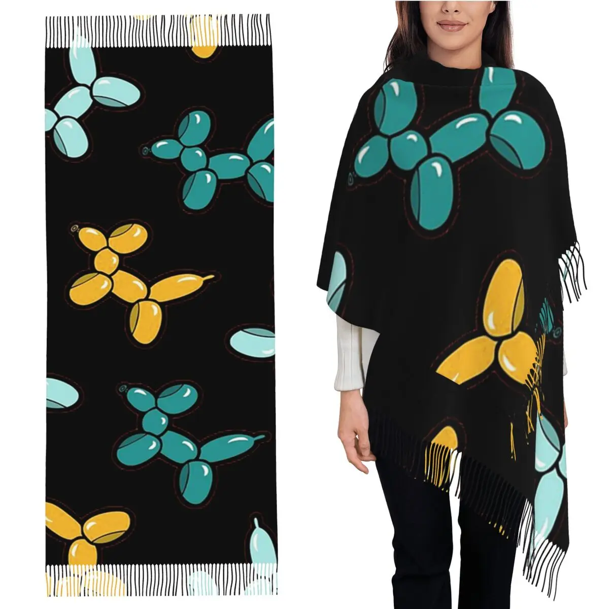 Patrón de perros animales con globos en bufanda roja, bufandas con borlas, chales y chales suaves y cálidos para mujer, chal grande para Otoño e Invierno
