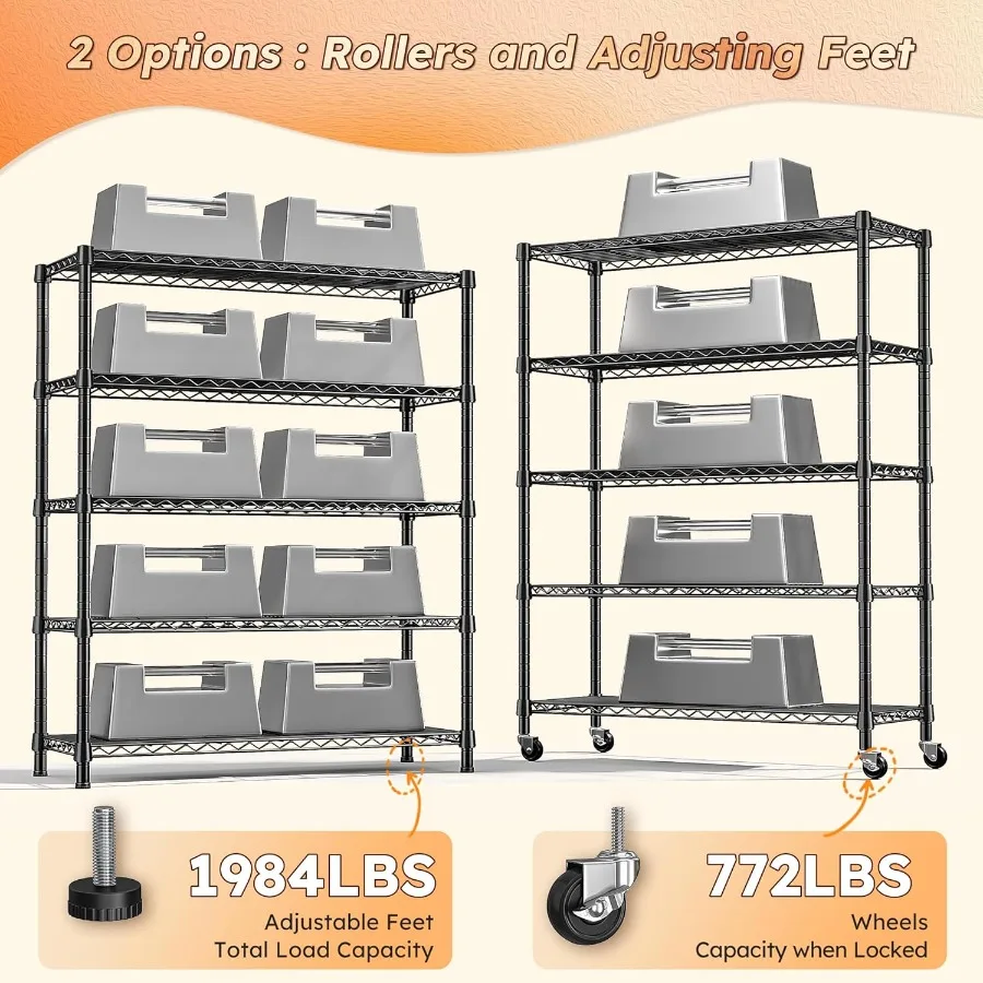 Rak Penyimpanan 1984LBS dengan Roda 75.2H Unit Rak Kawat Rak Logam dengan Roda Kaki 5 Tingkat Rak Logam yang Dapat Disesuaikan untuk Asrama