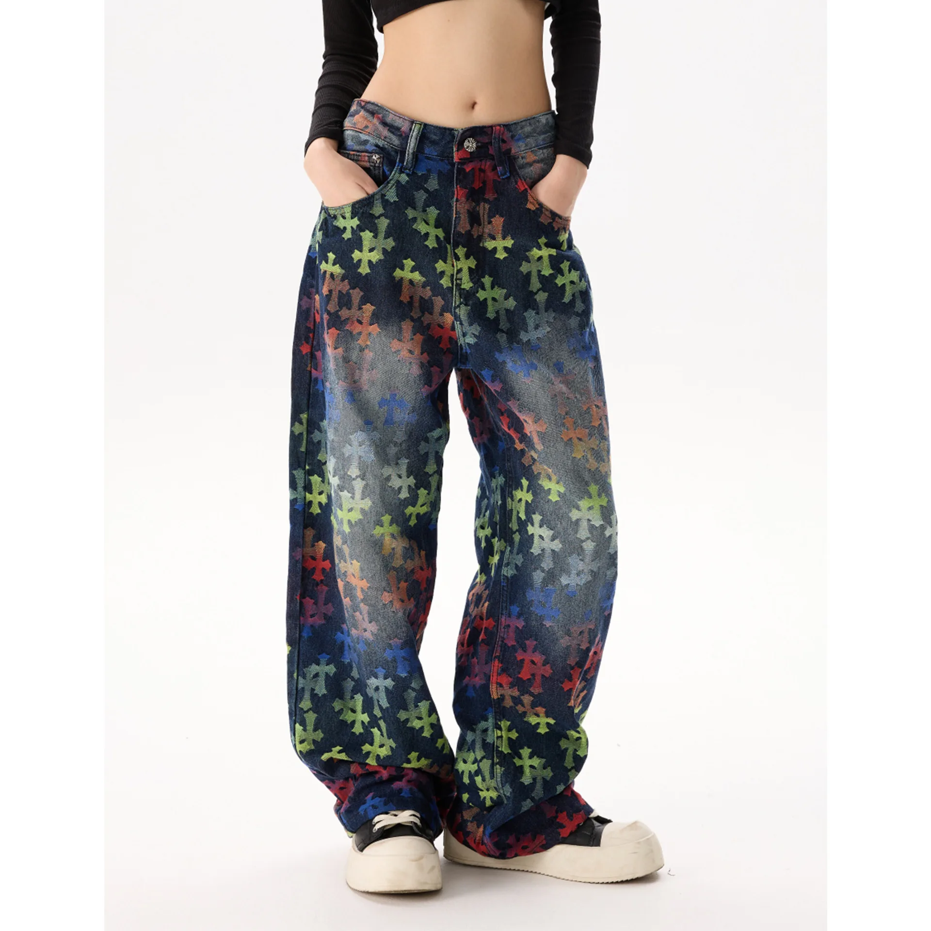 

Y2K Harajuku мужские джинсовые брюки с крестообразным цветочным принтом широкие брюки прямые мешковатые брюки хип-хоп уличная одежда